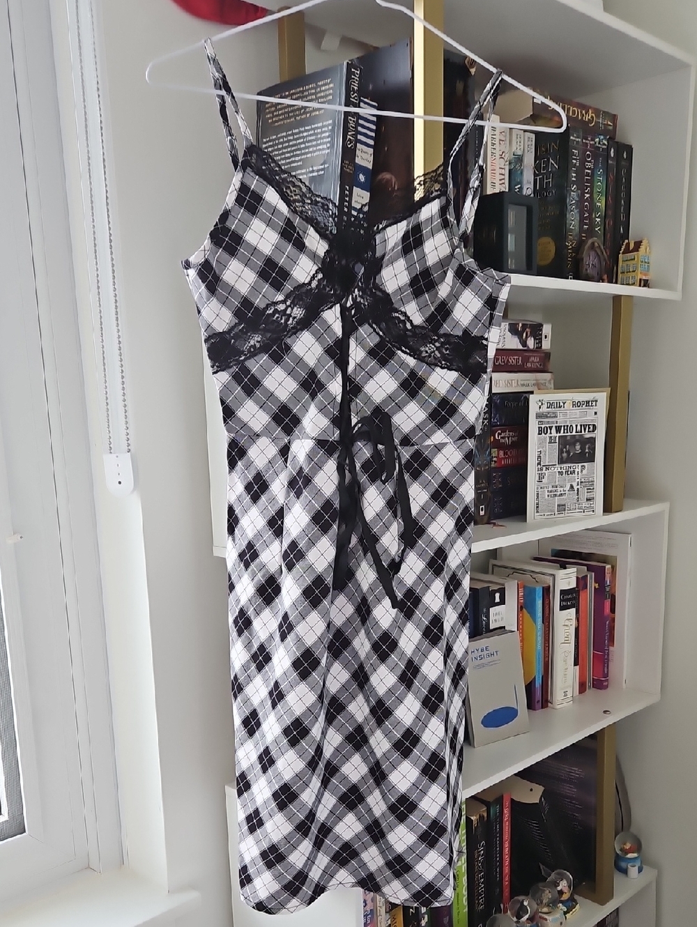 ROMWE Cotton Blend Black and White Plaid Slip Dress with Lace